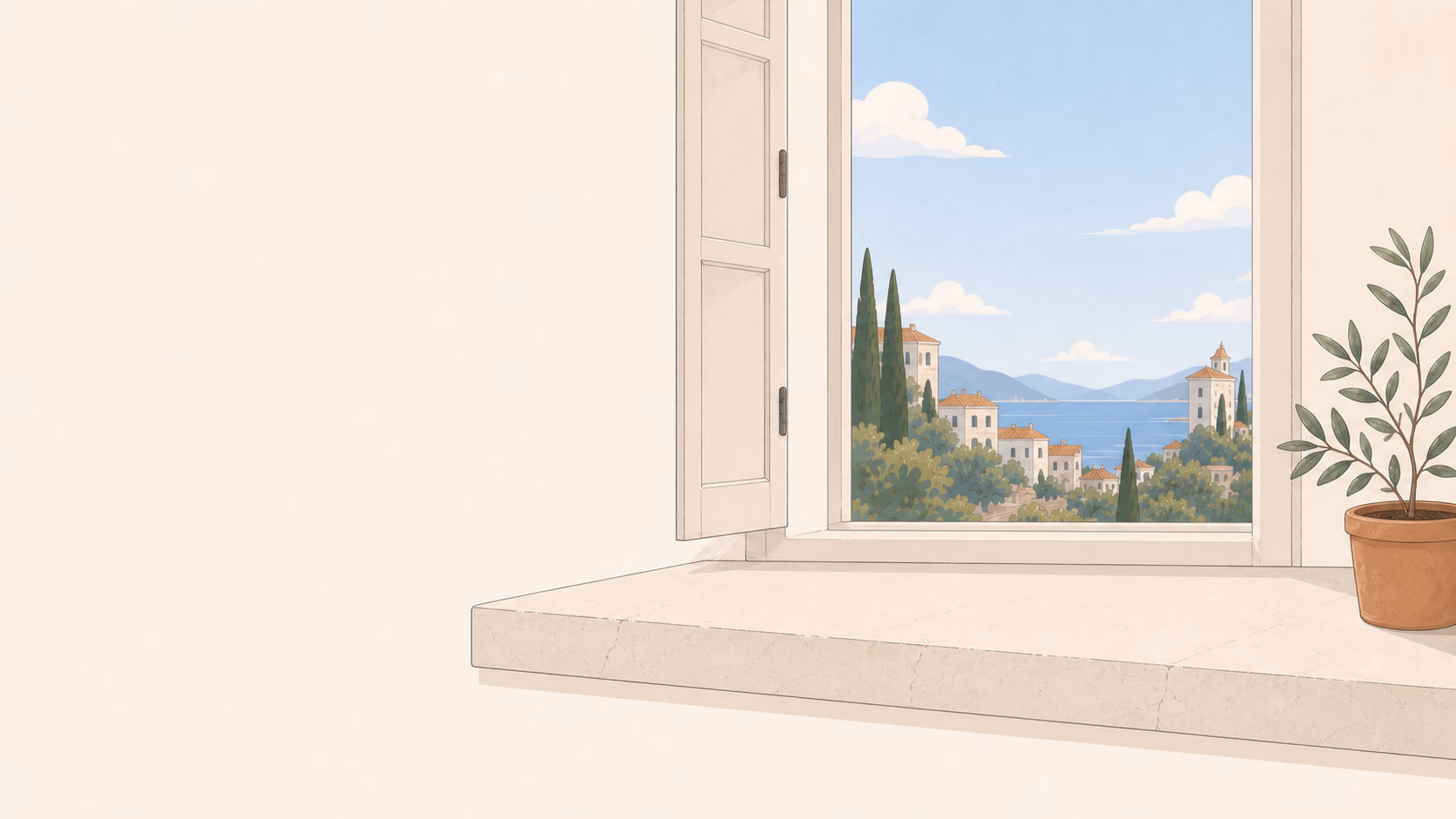Illustrated founder workspace overlooking the sea