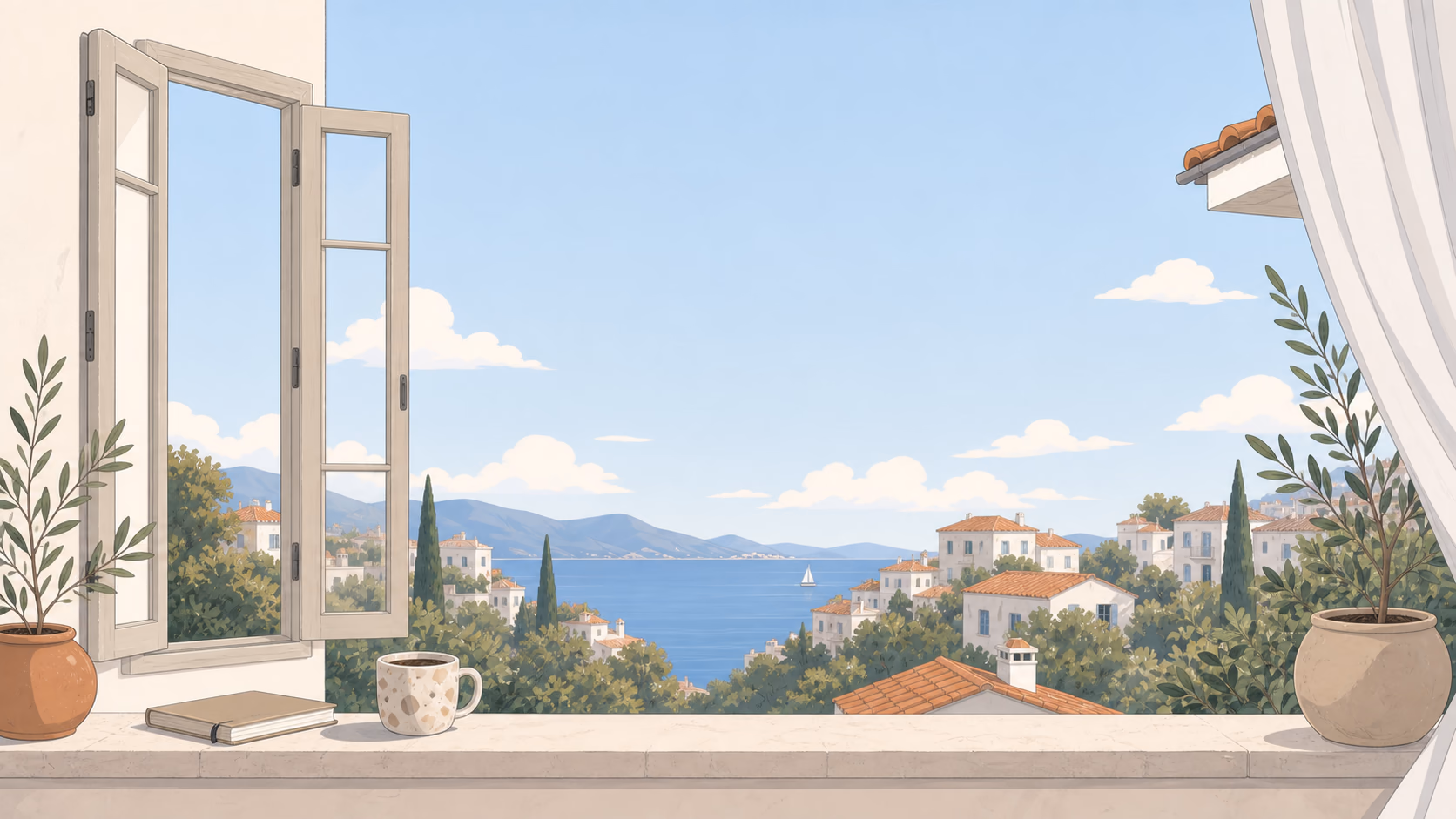 Illustrated Mediterranean founder workspace overlooking the sea