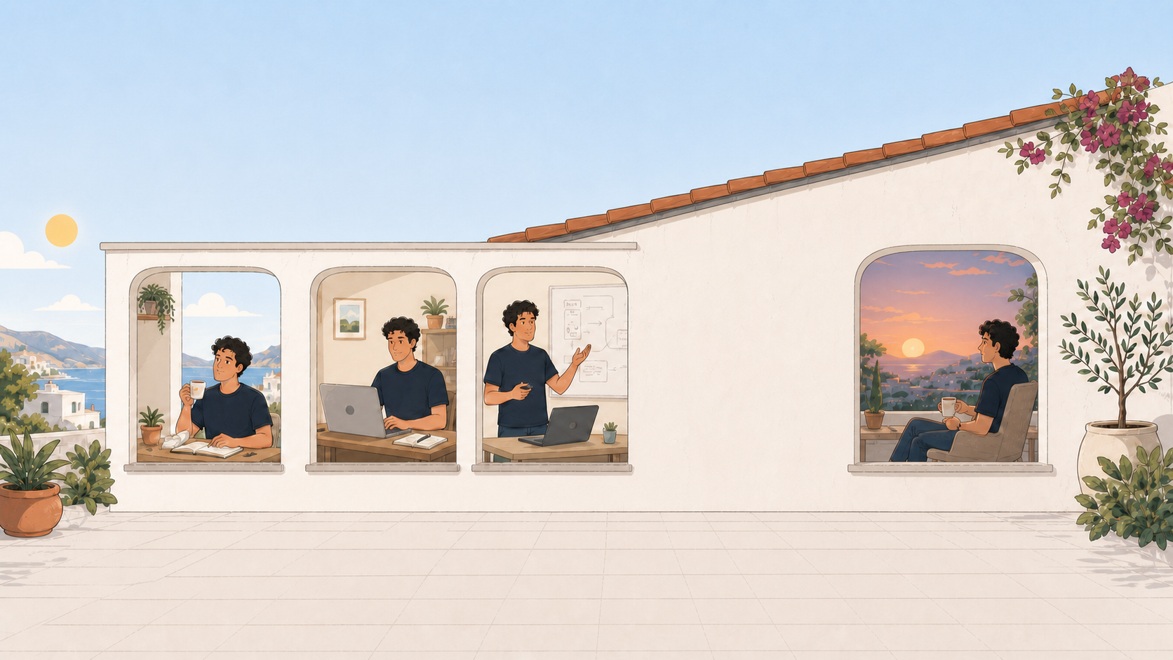 One illustrated founder day shown through four continuous windows